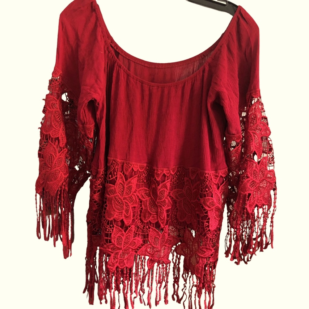 cleo Red Crochet Fringe Boho Tunic
